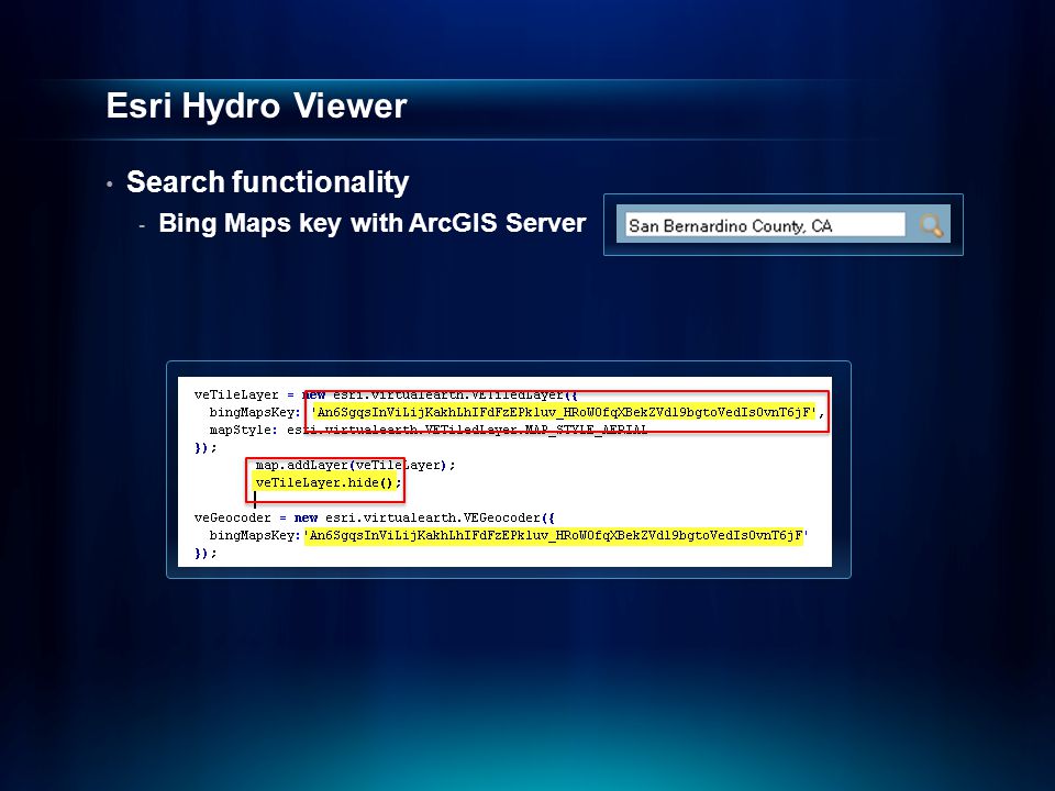 Esri Hydro Viewer Search functionality - Bing Maps key with ArcGIS Server