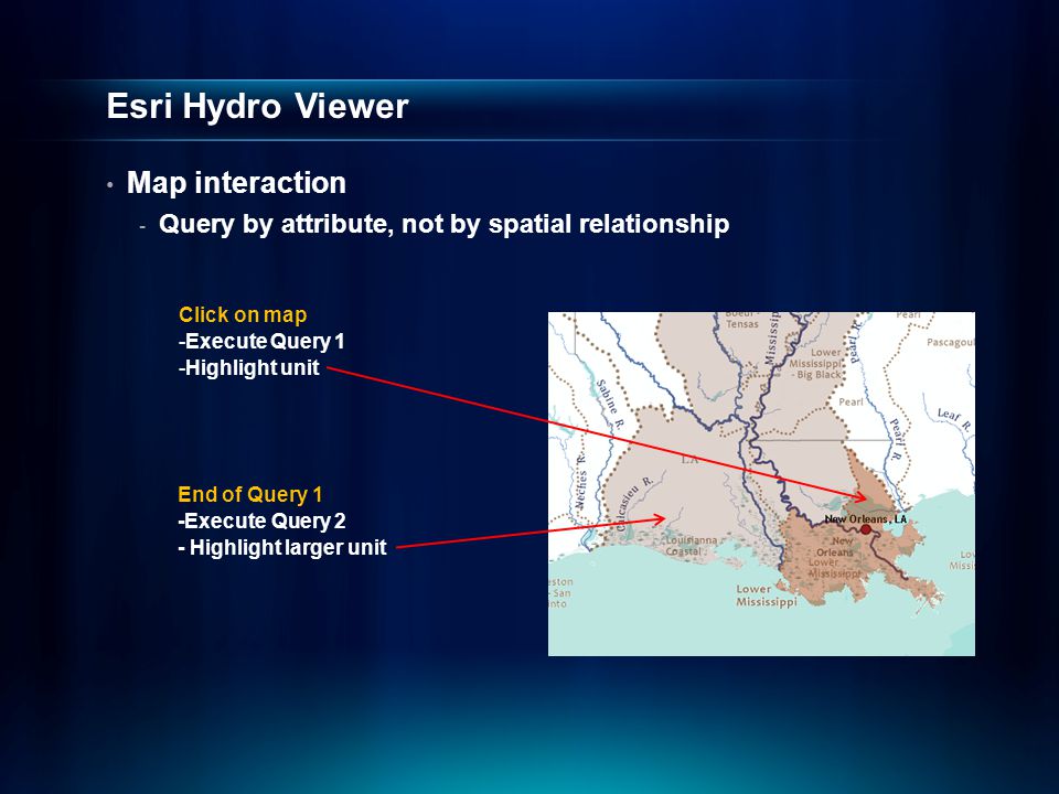 Esri Hydro Viewer Map interaction - Query by attribute, not by spatial relationship Click on map -Execute Query 1 -Highlight unit End of Query 1 -Execute Query 2 - Highlight larger unit