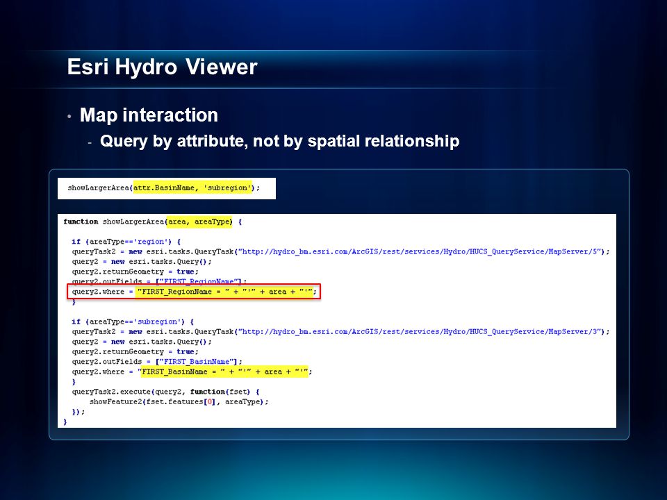 Esri Hydro Viewer Map interaction - Query by attribute, not by spatial relationship