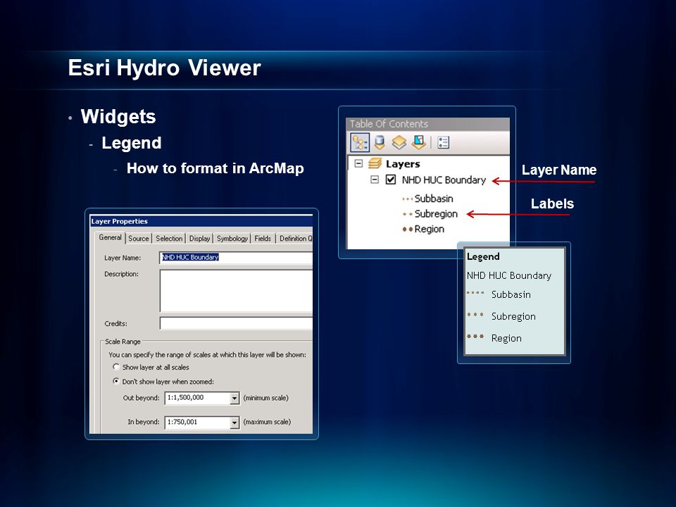Esri Hydro Viewer Widgets - Legend - How to format in ArcMap Layer Name Labels