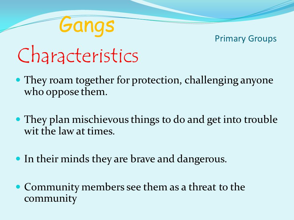 Gangs A primary group which is in conflict with other group or groups.