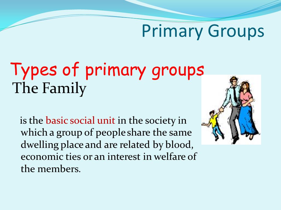 Types of primary groups The Family The Peer Group Primary Groups