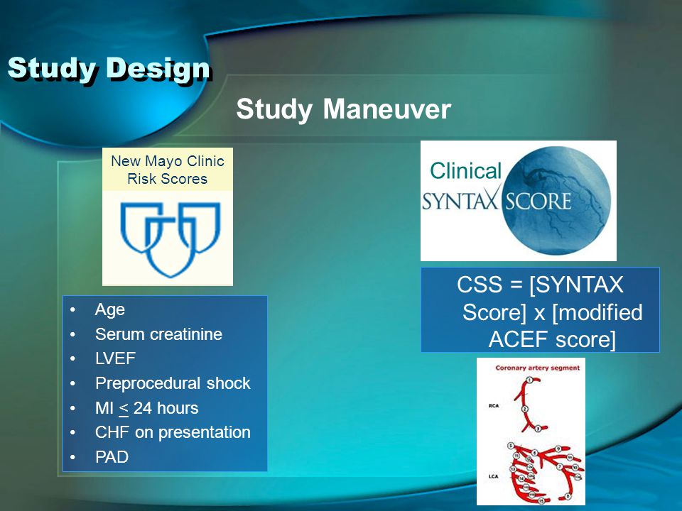 Clinical New Mayo Clinic Risk Scores Study Design Study Maneuver Age Serum creatinine LVEF Preprocedural shock MI < 24 hours CHF on presentation PAD CSS = [SYNTAX Score] x [modified ACEF score]