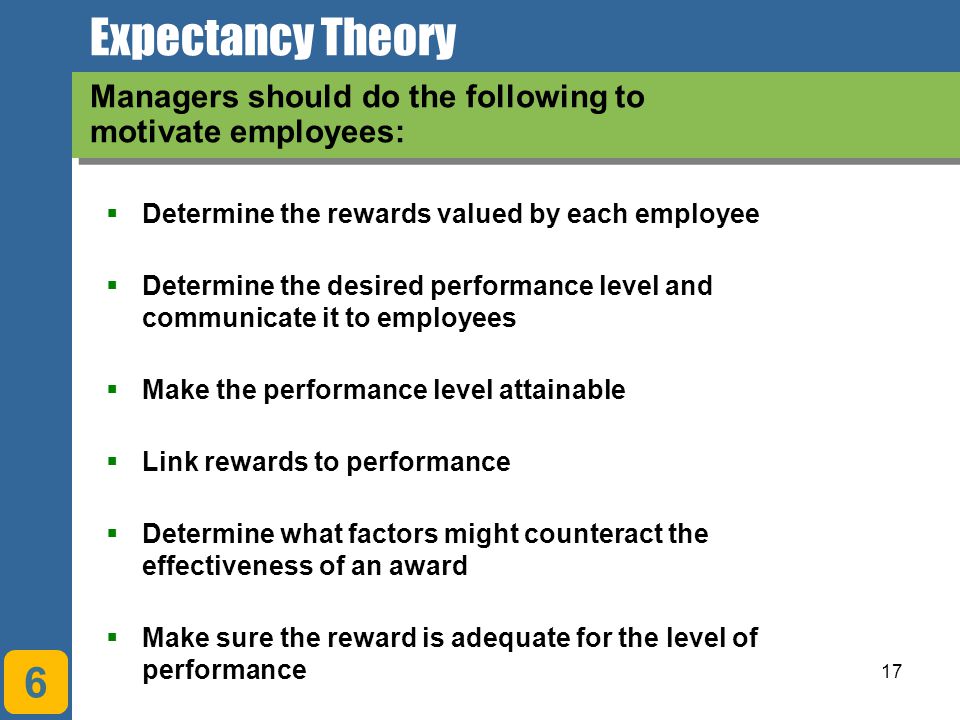17 Expectancy Theory Managers should do the following to motivate employees:  Determine the rewards valued by each employee  Determine the desired performance level and communicate it to employees  Make the performance level attainable  Link rewards to performance  Determine what factors might counteract the effectiveness of an award  Make sure the reward is adequate for the level of performance 6