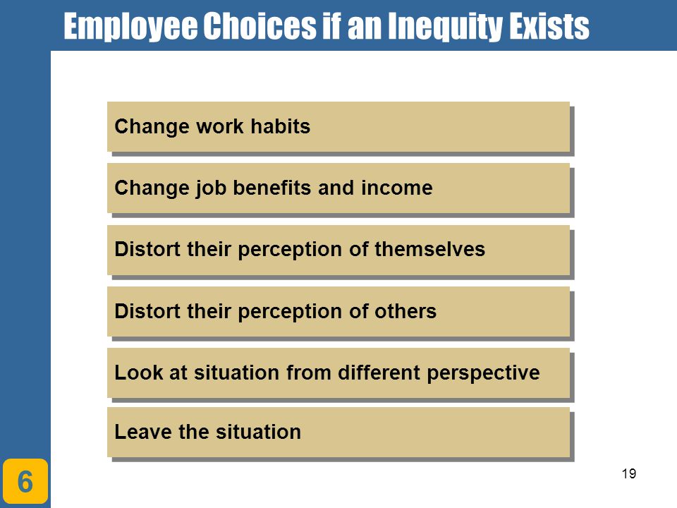 19 Employee Choices if an Inequity Exists 6 Leave the situation Look at situation from different perspective Distort their perception of others Distort their perception of themselves Change job benefits and income Change work habits