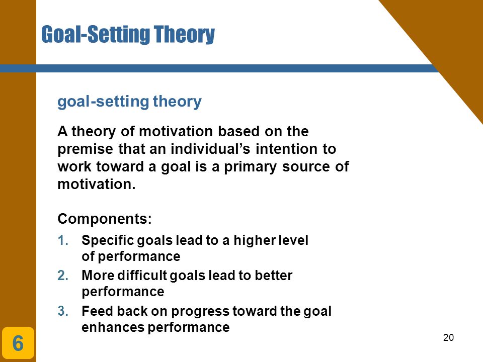 20 goal-setting theory Goal-Setting Theory A theory of motivation based on the premise that an individual’s intention to work toward a goal is a primary source of motivation.