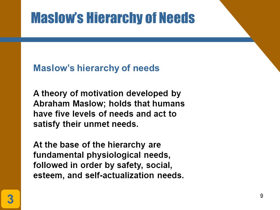 9 Maslow’s hierarchy of needs Maslow’s Hierarchy of Needs A theory of motivation developed by Abraham Maslow; holds that humans have five levels of needs and act to satisfy their unmet needs.