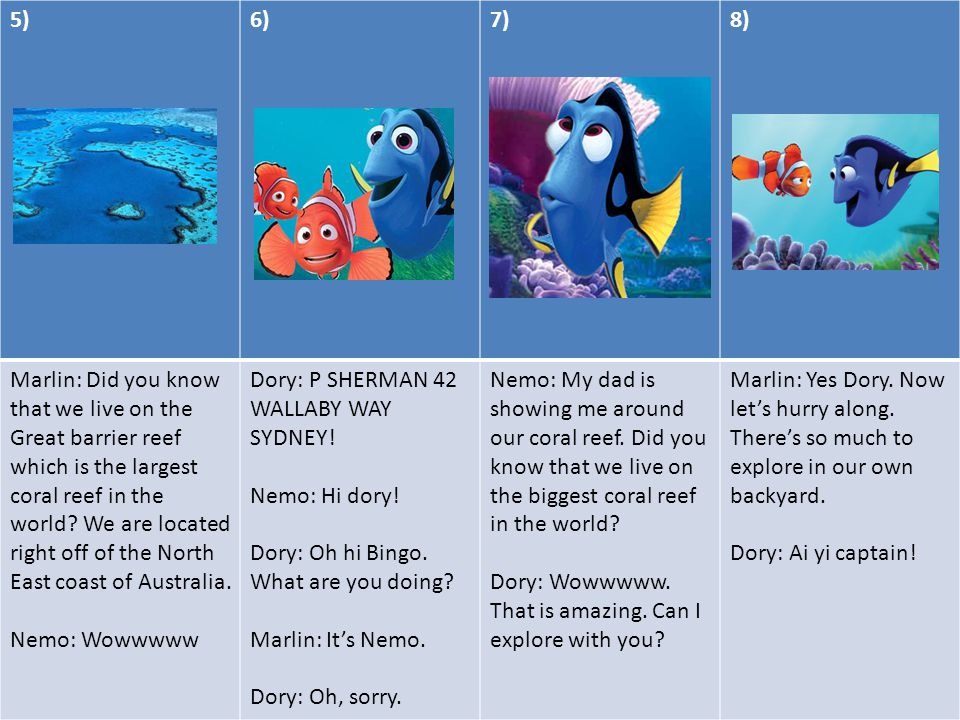 5)6)7)8) Marlin: Did you know that we live on the Great barrier reef which is the largest coral reef in the world.