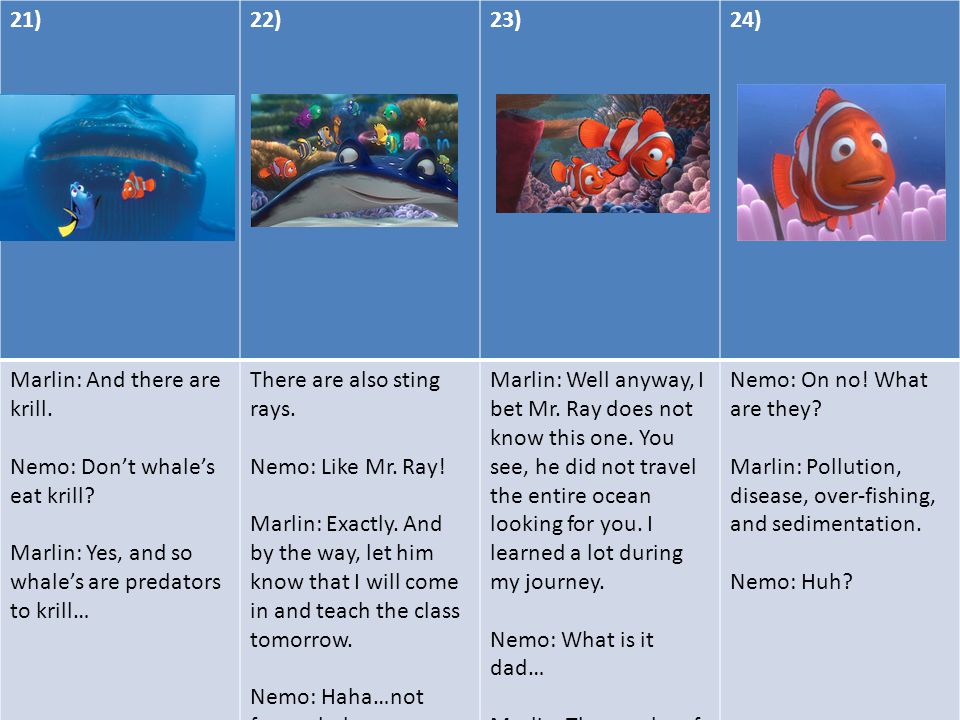 21)22)23)24) Marlin: And there are krill. Nemo: Don’t whale’s eat krill.
