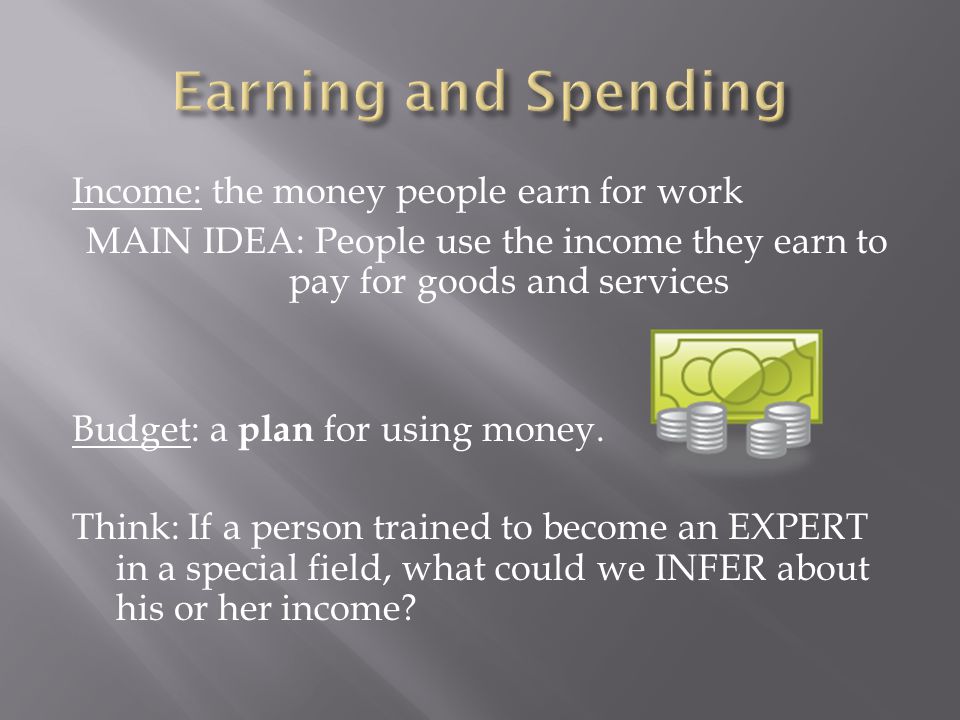 Income: the money people earn for work MAIN IDEA: People use the income they earn to pay for goods and services Budget: a plan for using money.