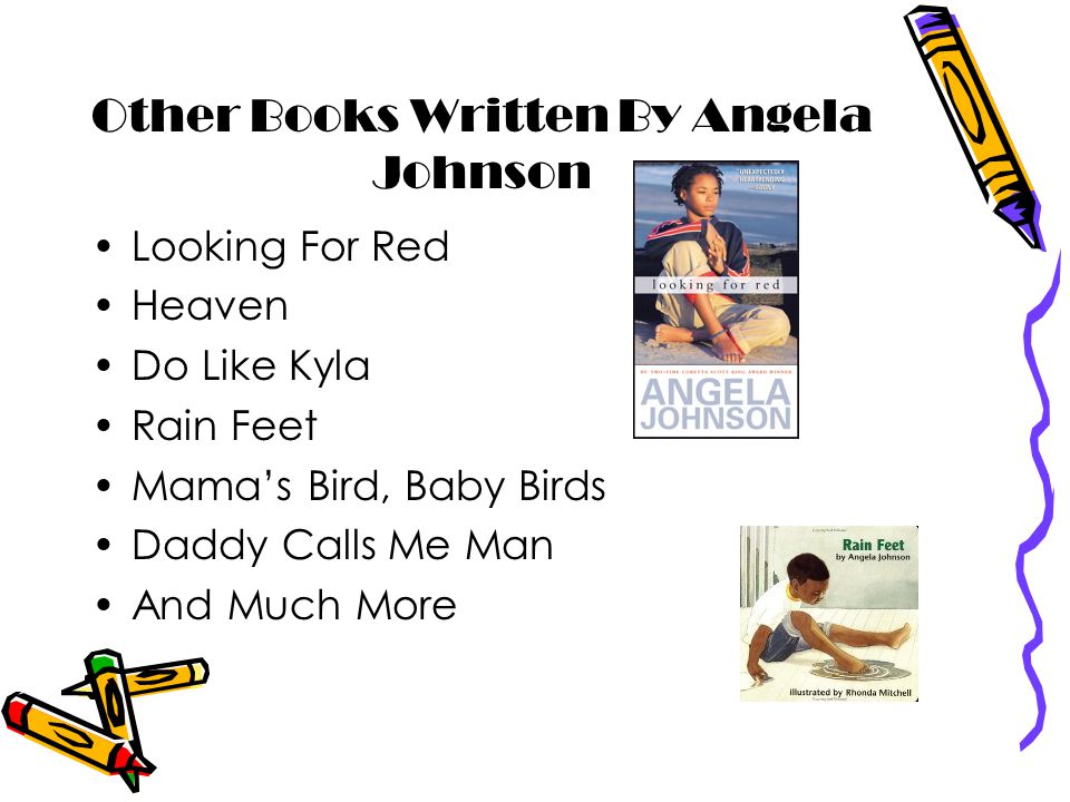 Other Books Written By Angela Johnson Looking For Red Heaven Do Like Kyla Rain Feet Mama’s Bird, Baby Birds Daddy Calls Me Man And Much More
