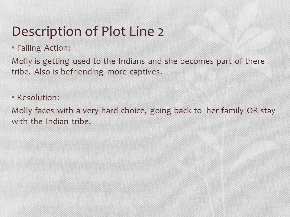 Description of Plot Line 2 Falling Action: Molly is getting used to the Indians and she becomes part of there tribe.