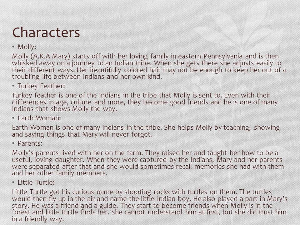 Characters Molly: Molly (A.K.A Mary) starts off with her loving family in eastern Pennsylvania and is then whisked away on a journey to an Indian tribe.