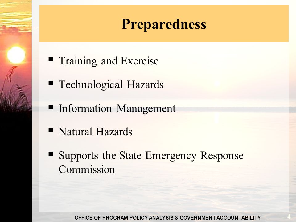 OFFICE OF PROGRAM POLICY ANALYSIS & GOVERNMENT ACCOUNTABILITY Preparedness  Training and Exercise  Technological Hazards  Information Management  Natural Hazards  Supports the State Emergency Response Commission 4