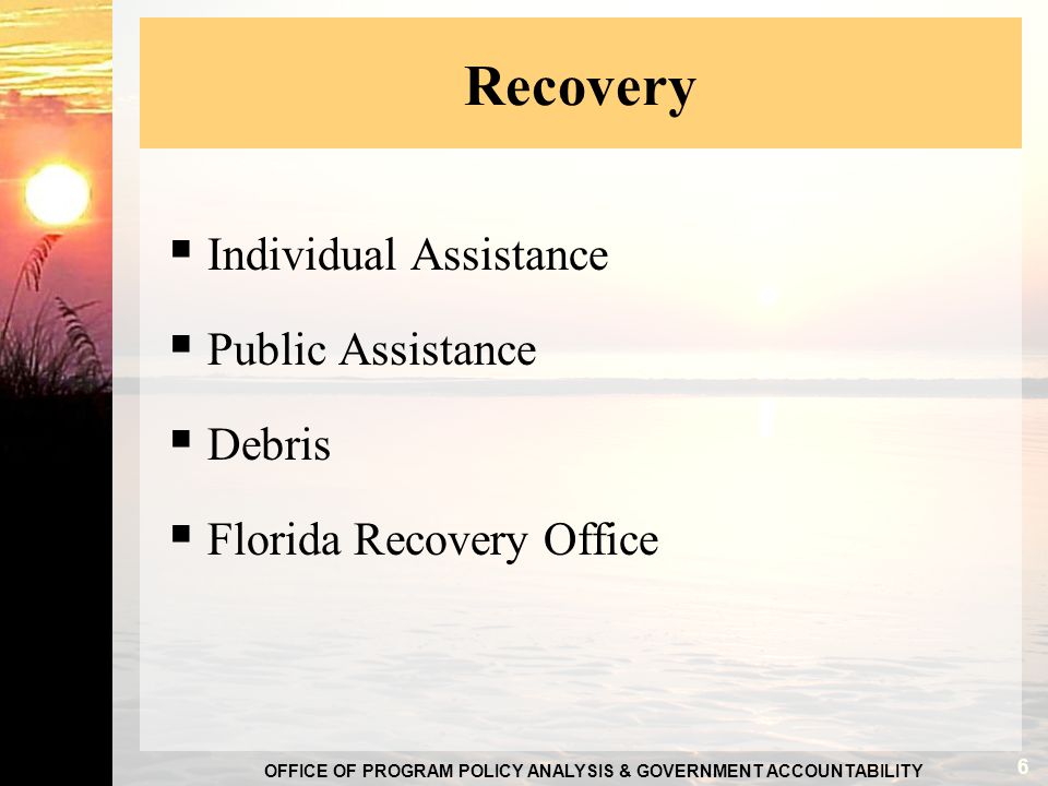 OFFICE OF PROGRAM POLICY ANALYSIS & GOVERNMENT ACCOUNTABILITY Recovery  Individual Assistance  Public Assistance  Debris  Florida Recovery Office 6