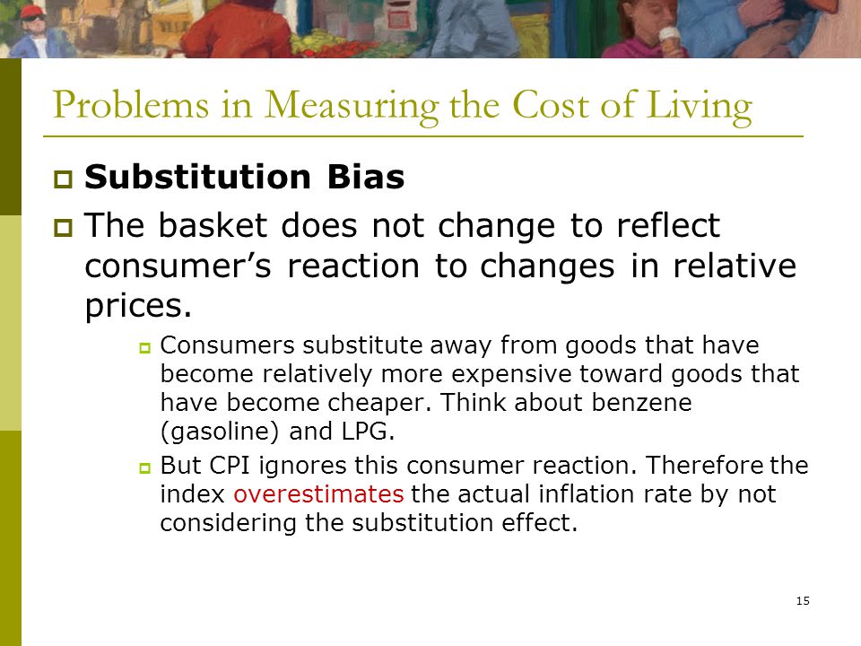 15 Problems in Measuring the Cost of Living  Substitution Bias  The basket does not change to reflect consumer’s reaction to changes in relative prices.