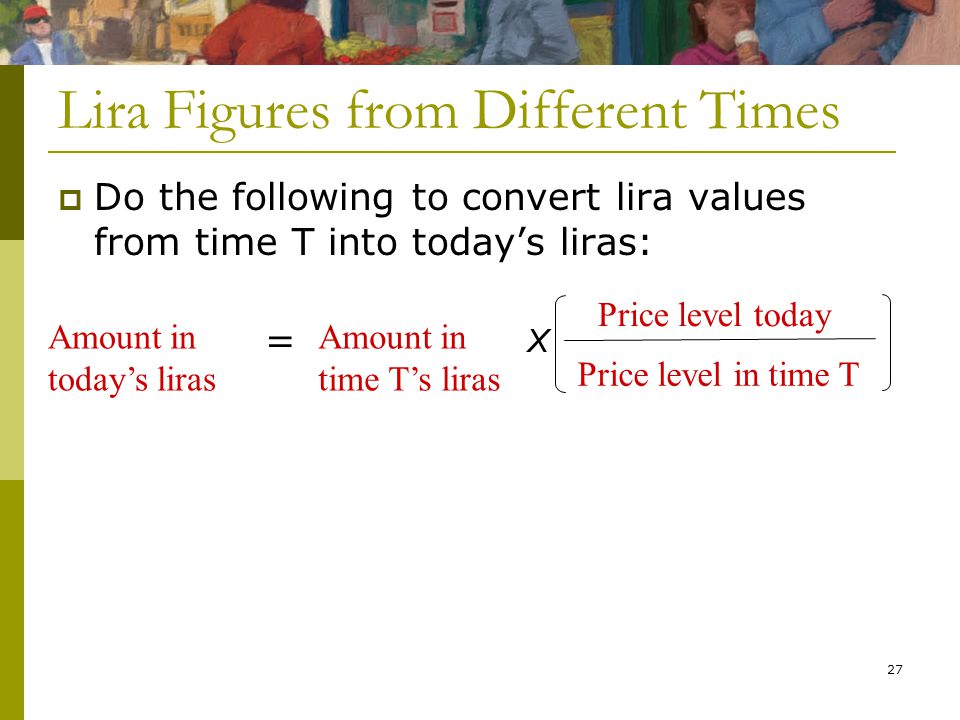 27 Lira Figures from Different Times  Do the following to convert lira values from time T into today’s liras: Amount in today’s liras Amount in time T’s liras Price level today Price level in time T  X