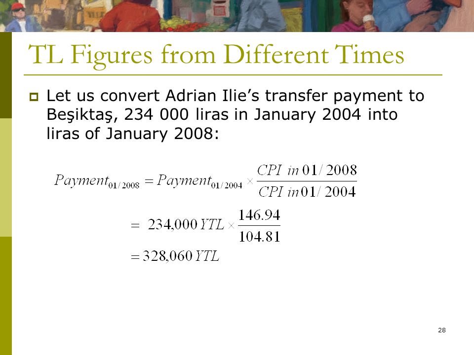 28 TL Figures from Different Times  Let us convert Adrian Ilie’s transfer payment to Beşiktaş, liras in January 2004 into liras of January 2008: