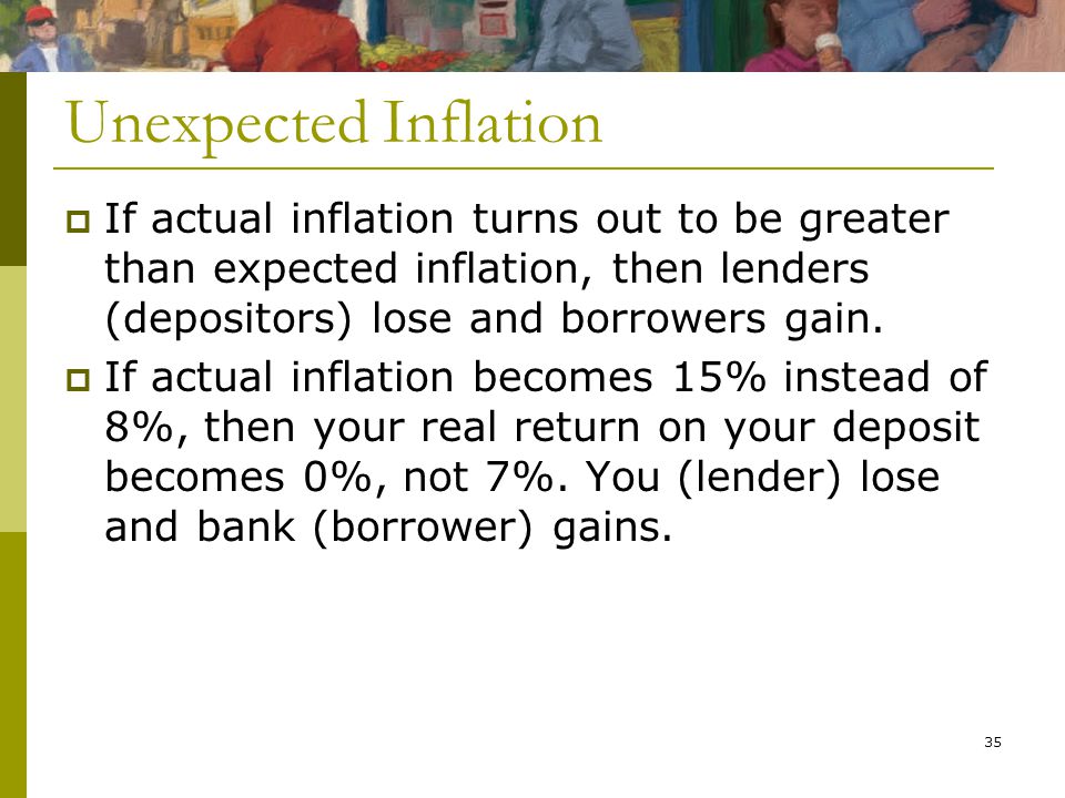 35 Unexpected Inflation  If actual inflation turns out to be greater than expected inflation, then lenders (depositors) lose and borrowers gain.