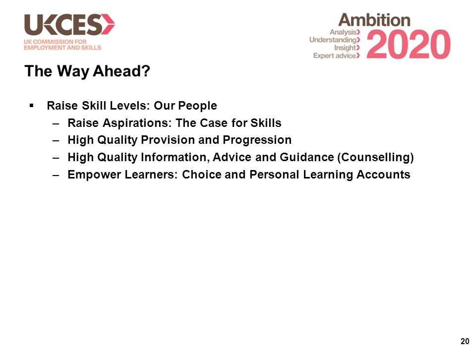 20  Raise Skill Levels: Our People –Raise Aspirations: The Case for Skills –High Quality Provision and Progression –High Quality Information, Advice and Guidance (Counselling) –Empower Learners: Choice and Personal Learning Accounts The Way Ahead