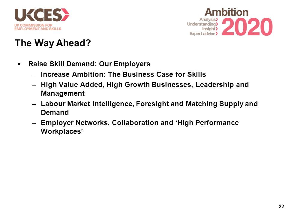 22  Raise Skill Demand: Our Employers –Increase Ambition: The Business Case for Skills –High Value Added, High Growth Businesses, Leadership and Management –Labour Market Intelligence, Foresight and Matching Supply and Demand –Employer Networks, Collaboration and ‘High Performance Workplaces’ The Way Ahead