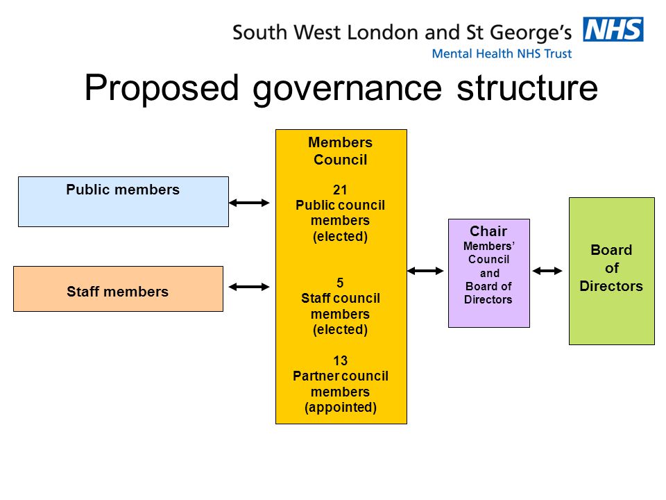 Proposed governance structure Public members Staff members Members Council 21 Public council members (elected) 5 Staff council members (elected) 13 Partner council members (appointed) Chair Members’ Council and Board of Directors Board of Directors