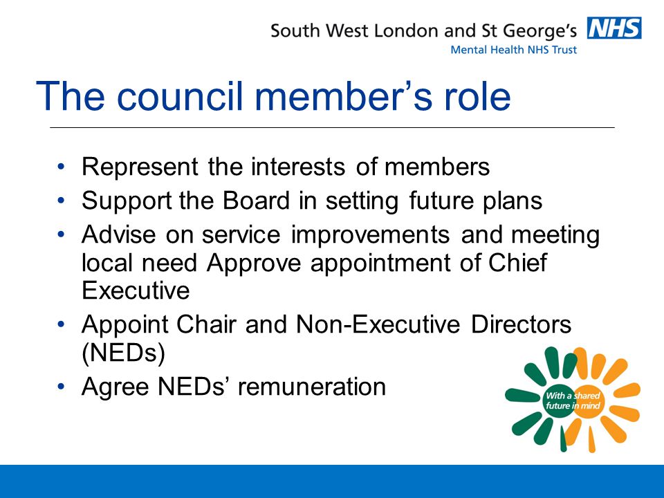 The council member’s role Represent the interests of members Support the Board in setting future plans Advise on service improvements and meeting local need Approve appointment of Chief Executive Appoint Chair and Non-Executive Directors (NEDs) Agree NEDs’ remuneration