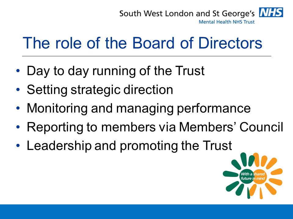 The role of the Board of Directors Day to day running of the Trust Setting strategic direction Monitoring and managing performance Reporting to members via Members’ Council Leadership and promoting the Trust