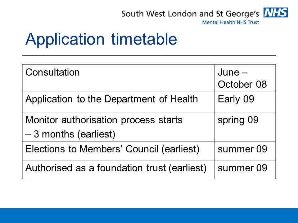 Application timetable ConsultationJune – October 08 Application to the Department of HealthEarly 09 Monitor authorisation process starts – 3 months (earliest) spring 09 Elections to Members’ Council (earliest)summer 09 Authorised as a foundation trust (earliest)summer 09