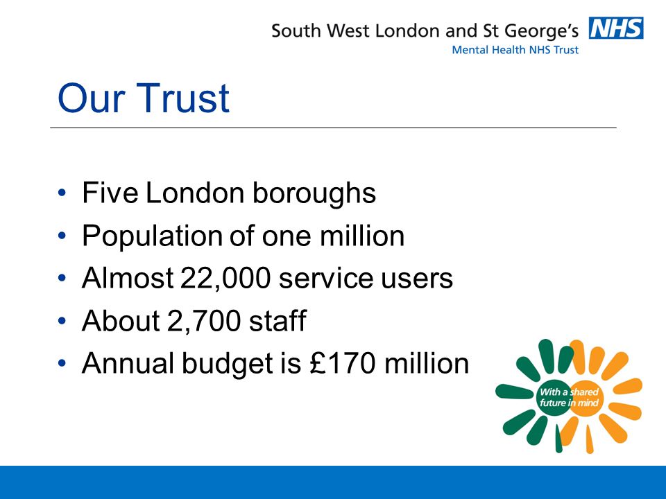 Our Trust Five London boroughs Population of one million Almost 22,000 service users About 2,700 staff Annual budget is £170 million