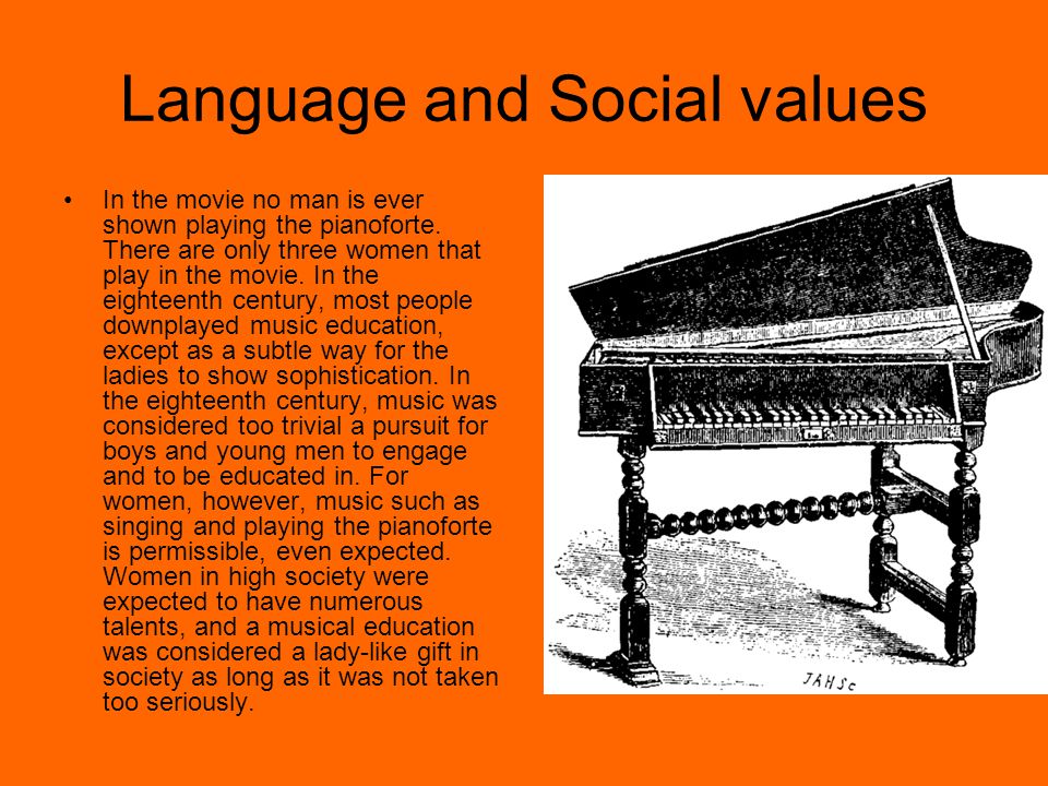 Language and Social values In the movie no man is ever shown playing the pianoforte.