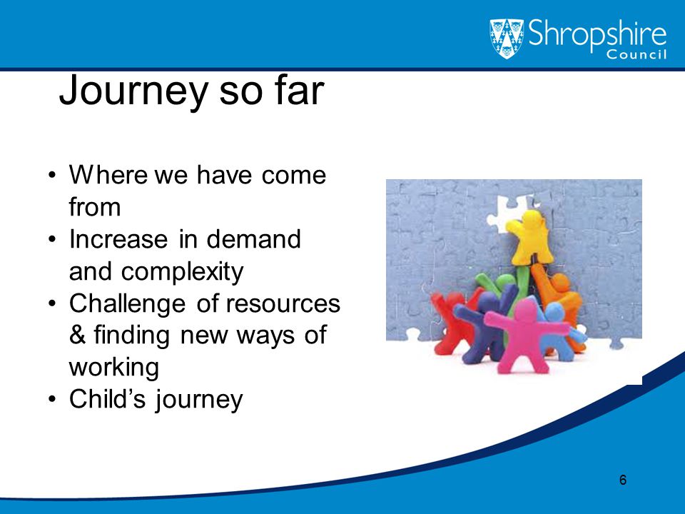 Journey so far 6 Where we have come from Increase in demand and complexity Challenge of resources & finding new ways of working Child’s journey