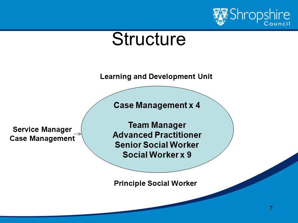 Structure 7 Case Management x 4 Team Manager Advanced Practitioner Senior Social Worker Social Worker x 9 Principle Social Worker Learning and Development Unit Service Manager Case Management
