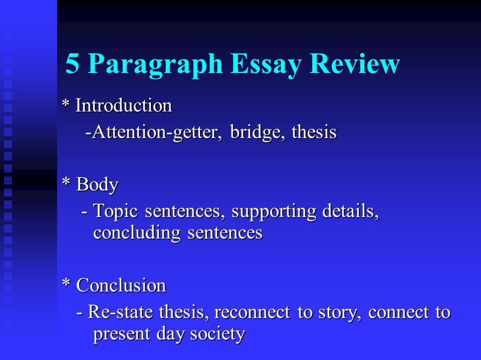 5 paragraph essay topics Law, mr - 7th grade language arts you are to use this format every time you write a 5 paragraph essay in this b includes a topic sentence for each paragraph. 5 paragraph essay topics Law, mr - 7th grade language arts you are to use this format every time you write a 5 paragraph essay in this b includes a topic sentence for each paragraph.
