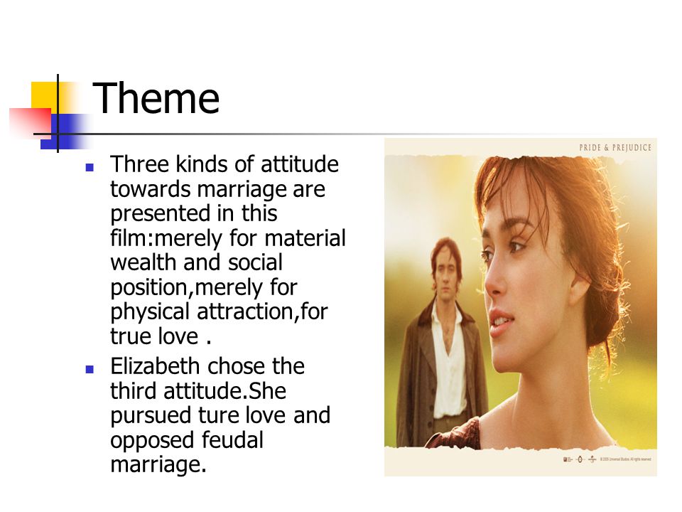 Theme Three kinds of attitude towards marriage are presented in this film:merely for material wealth and social position,merely for physical attraction,for true love.