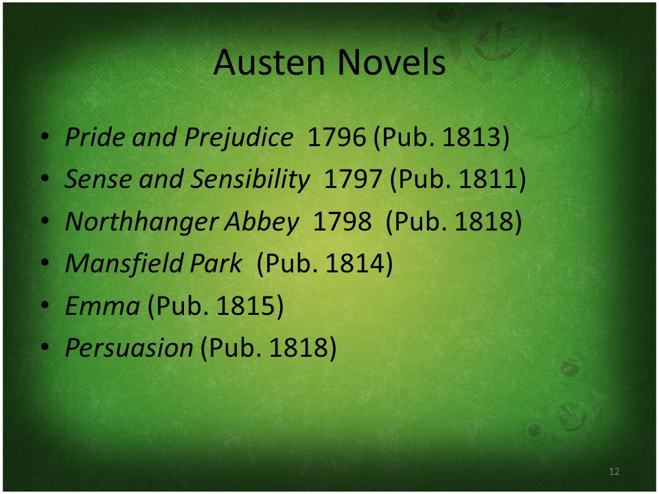 12 Austen Novels Pride and Prejudice 1796 (Pub. 1813) Sense and Sensibility 1797 (Pub.