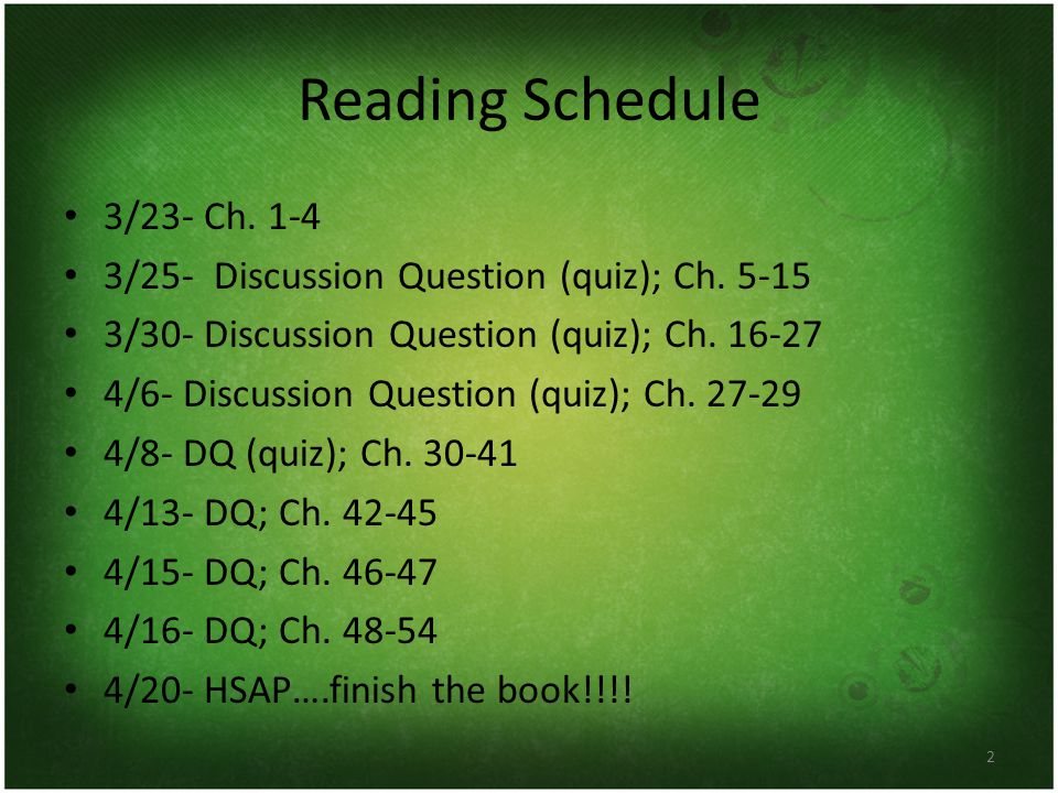 Reading Schedule 3/23- Ch /25- Discussion Question (quiz); Ch.
