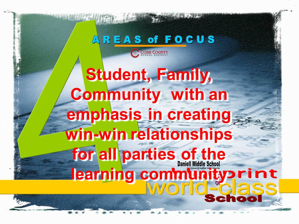 Student, Family, Community with an emphasis in creating win-win relationships for all parties of the learning community