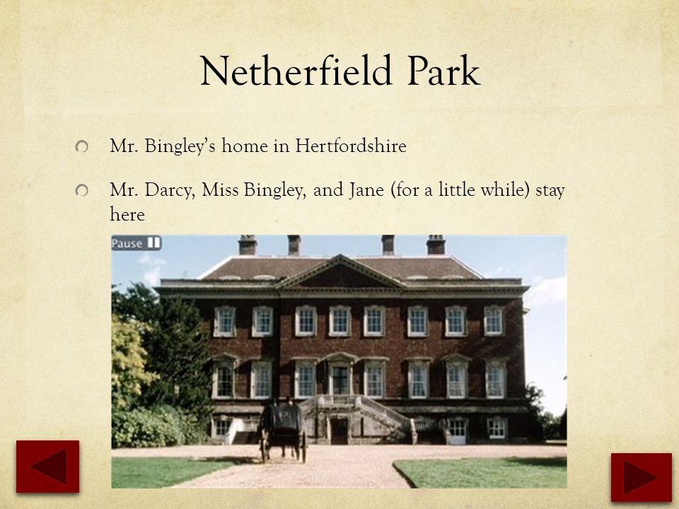 Netherfield Park Mr. Bingley’s home in Hertfordshire Mr.