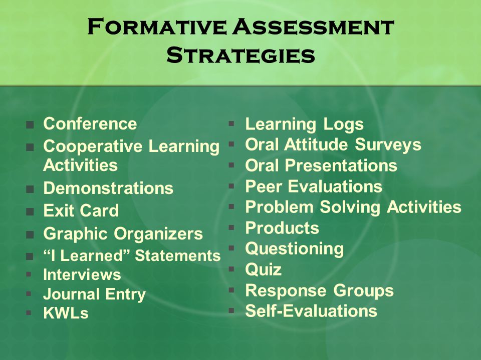 Formative Assessment Strategies Conference Cooperative Learning Activities Demonstrations Exit Card Graphic Organizers I Learned Statements  Interviews  Journal Entry  KWLs  Learning Logs  Oral Attitude Surveys  Oral Presentations  Peer Evaluations  Problem Solving Activities  Products  Questioning  Quiz  Response Groups  Self-Evaluations