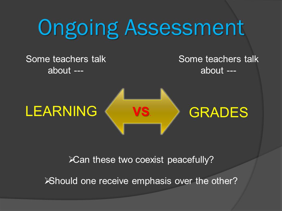 Ongoing Assessment Some teachers talk about --- Some teachers talk about --- LEARNING GRADES VS VS.