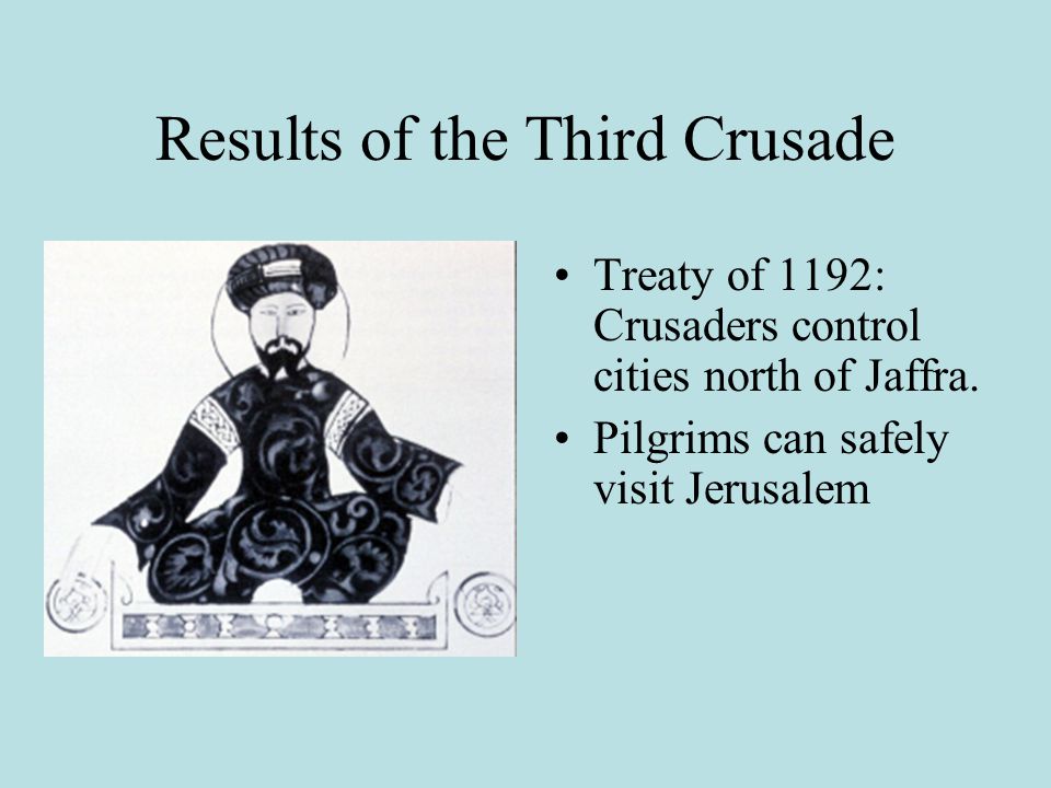 Results of the Third Crusade Treaty of 1192: Crusaders control cities north of Jaffra.