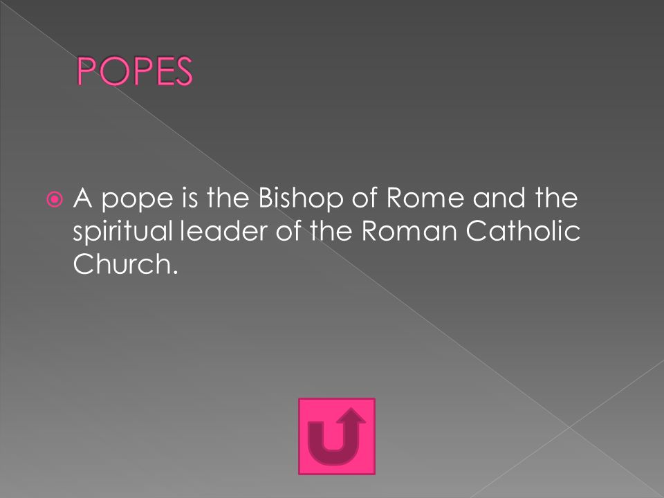  A pope is the Bishop of Rome and the spiritual leader of the Roman Catholic Church.