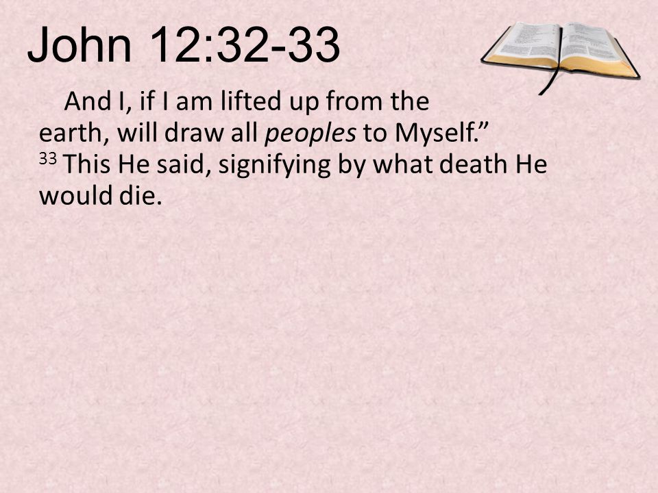John 12:32-33 And I, if I am lifted up from the earth, will draw all peoples to Myself. 33 This He said, signifying by what death He would die.