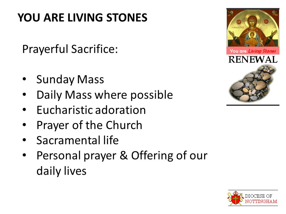 YOU ARE LIVING STONES Prayerful Sacrifice: Sunday Mass Daily Mass where possible Eucharistic adoration Prayer of the Church Sacramental life Personal prayer & Offering of our daily lives