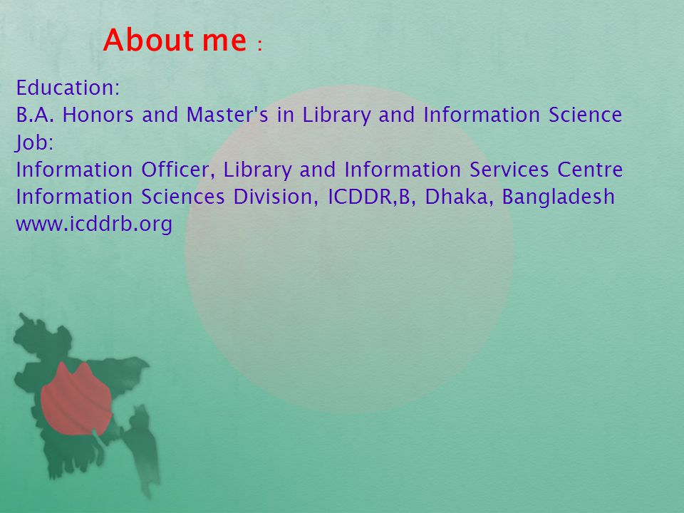 STIMULATE 6 Scientific and Technological Information Management in Universities and Libraries: an Active Training Environment A Presentation prepared by: DILRUBA MAHBUBA (RUBA) October 2 to December 21, 2006