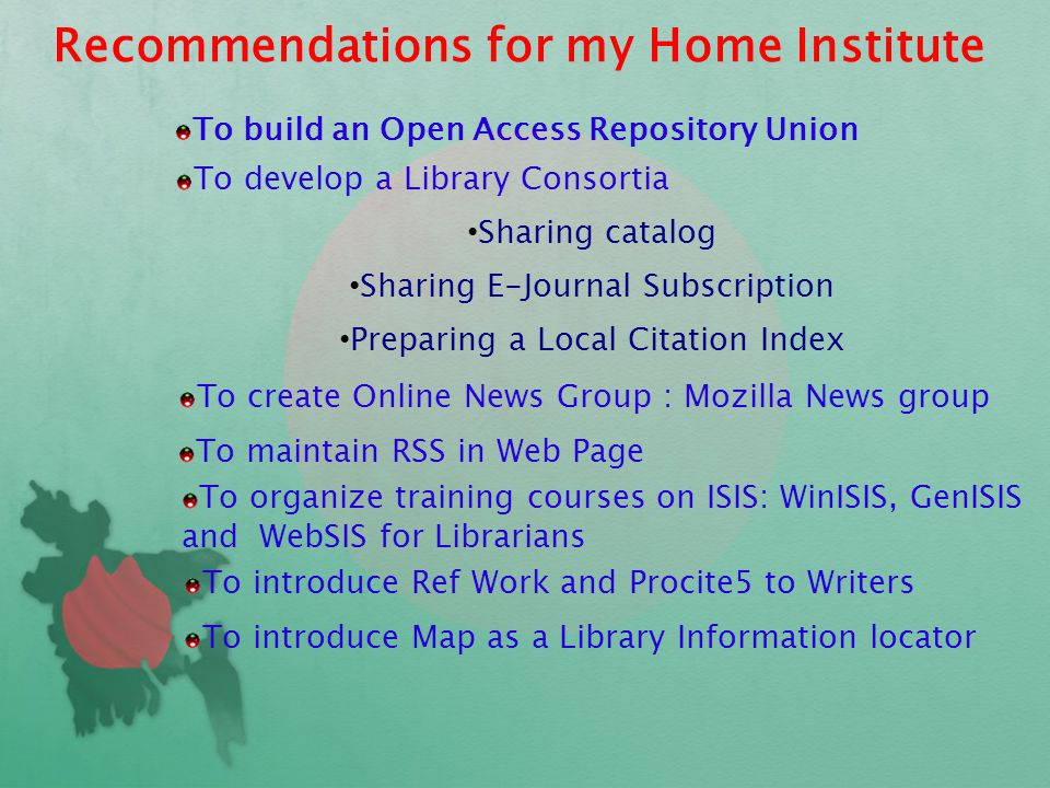 Recommendations : Stimulate-6 To arrange more Library visits including National Libraries To give vub login facility from student home To expand number of classes for HTML,XML, Publishing in WWW Presentation Techniques Procite5, Endnote, Theasurus, ISBD