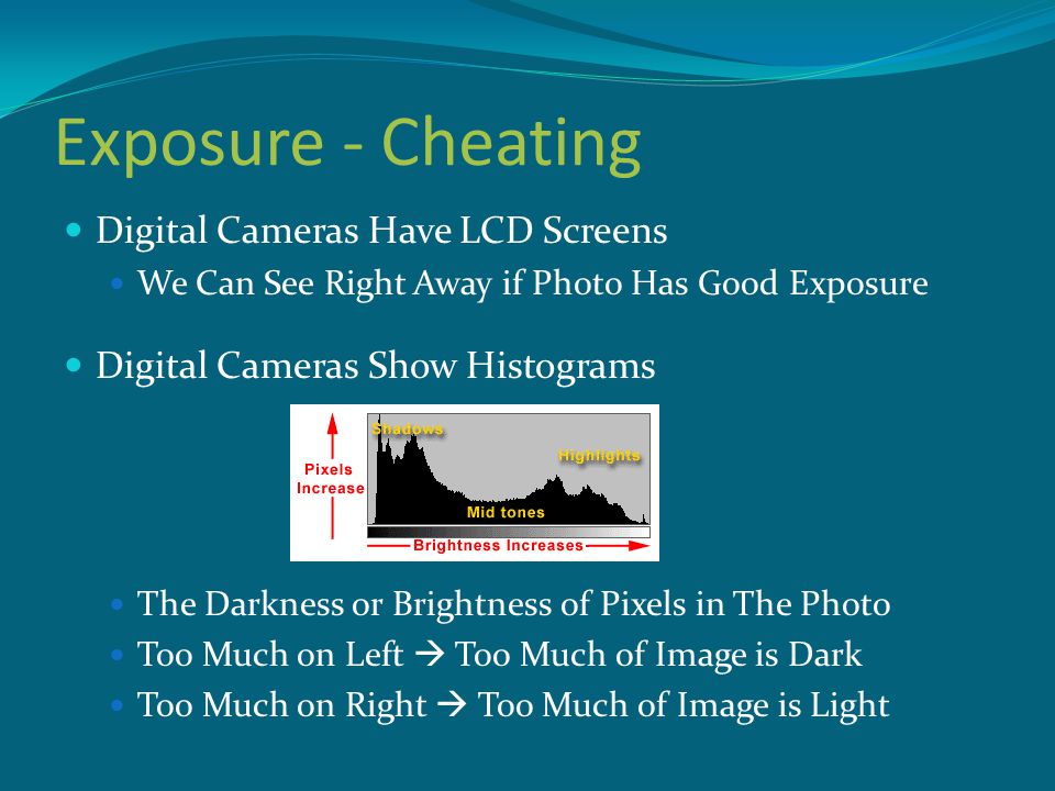 Exposure - Cheating Digital Cameras Have LCD Screens We Can See Right Away if Photo Has Good Exposure Digital Cameras Show Histograms The Darkness or Brightness of Pixels in The Photo Too Much on Left  Too Much of Image is Dark Too Much on Right  Too Much of Image is Light
