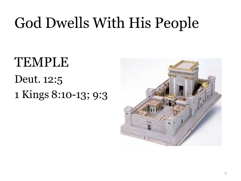 God Dwells With His People TEMPLE Deut. 12:5 1 Kings 8:10-13; 9:3 4