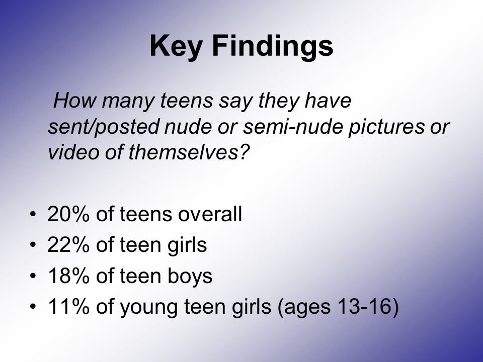 Key Findings How many teens say they have sent/posted nude or semi-nude pictures or video of themselves.